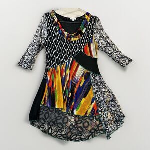 Paris Hues Artsy Mixed Print Tunic Top M Cowl Neck Front Mesh Overlay Boho